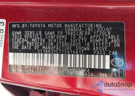 2007 Toyota Corolla Le from USA, damaged, VIN 2T1BR32E77C814817